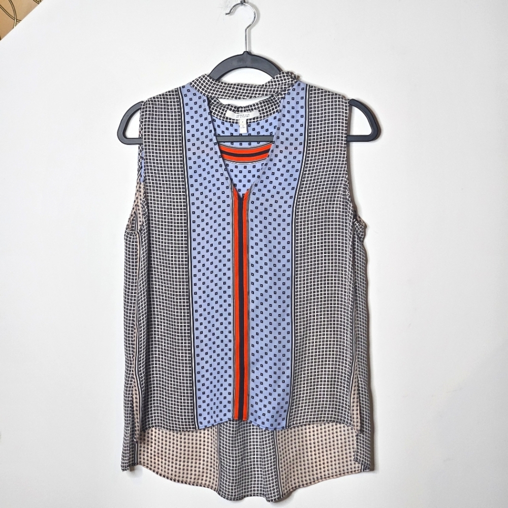 Derek Lam 10 Crosby Blue/Orange Abstract Sleeveless Silk Blouse Top Womens 8‎